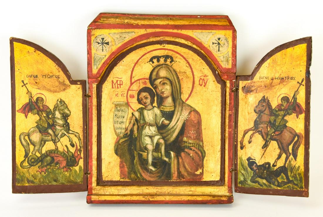 Antique Byzantine Madonna Hand Painted Triptych: Antique Byzantine Madonna Hand Painted Triptych on Wood with Crusaders. Features image of St. George fighting dragon, Madonna and Child, and St. Dimitrious. Opened measures 7 inches x 15.5 inches.