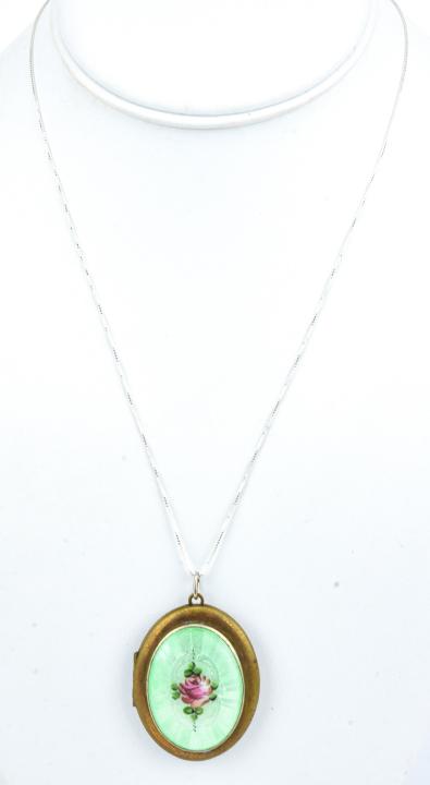 Vintage Enamel Locket Pendant on Sterling Chain (1 of 7)