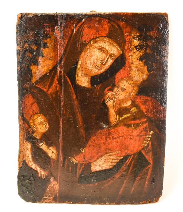 Antique Russian Madonna W Infant Jesus & St John: Antique Russian Madonna W Infant Jesus & St John Icon on Wood. Measures 12 inches in height by 9 inches in width by 0.5 inches in depth.