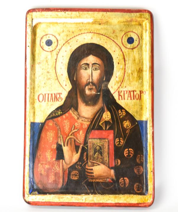 Byzantine Style Christ Pantocrator Wood Icon: Byzantine Style Christ Pantocrator Hand Painted Wood Icon. Gold Leaf accents. Measures 13 inches in height by 8.5 inches in width by 1 inch in depth.