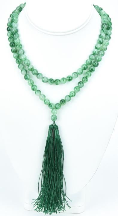 Hand Knotted Green & White Jade Tassel Pendant: Hand Knotted Green & White Jade Tassel Pendant. 6mm beads. Measures 33 inches in length plus 5.5 inches pendant.