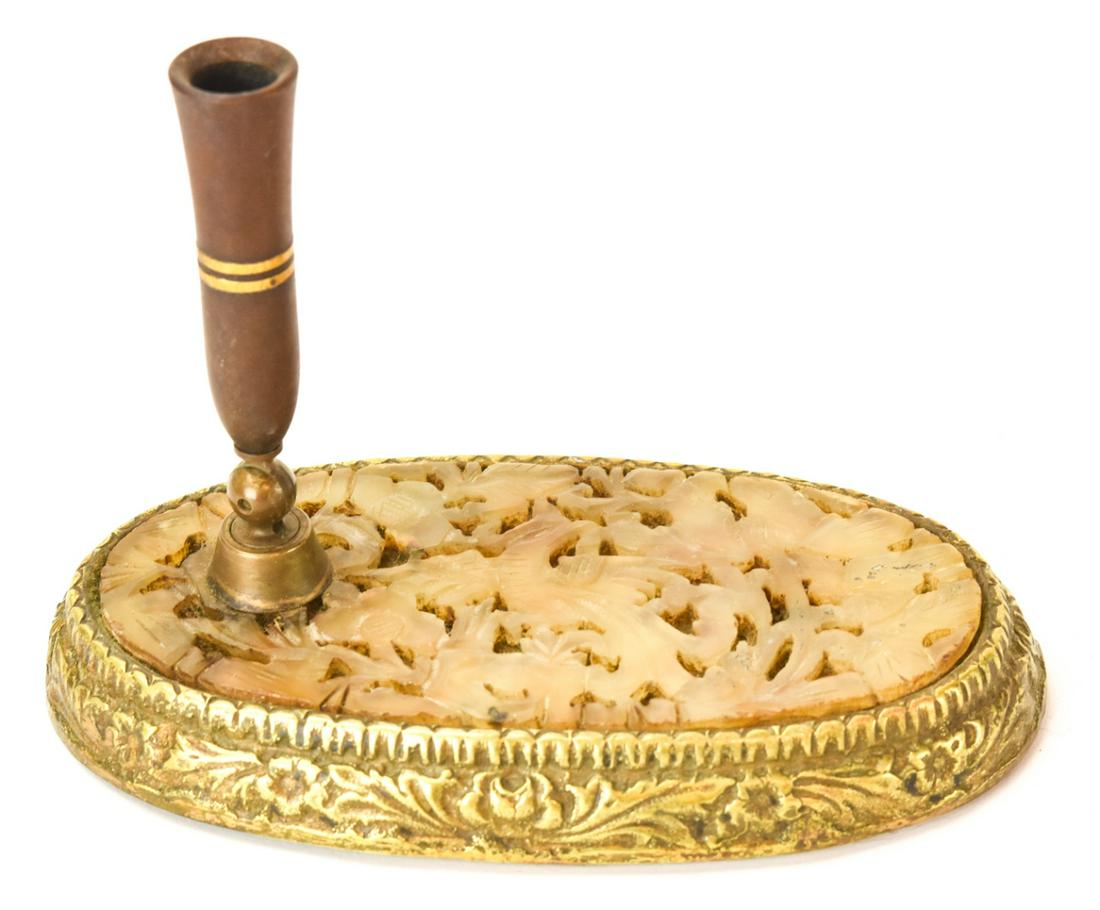 Antique Carved Chinese Green Jade Plaque: Antique Carved Chinese Green Jade Plaque Mounted in Ormolu Pen Holder. Measures 5.5 inches in length.