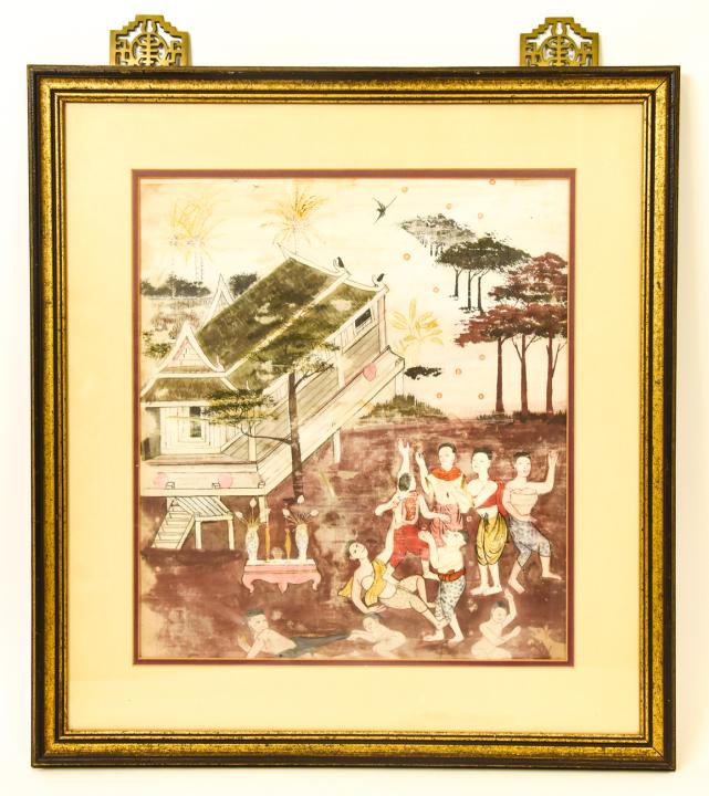 Antique South East Asian Thai Temple Painting: Antique South East Asian Framed Thai Water Color Temple Painting. 27 inches x 25 inches
