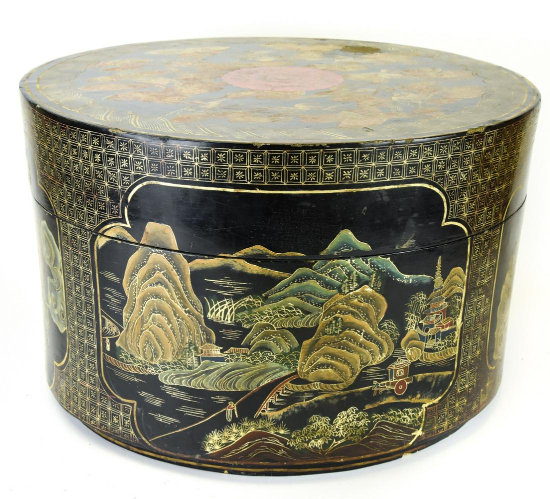 Large Chinese Hand Painted Black Lacquer Hat Box: Large Chinese Hand Painted Black Lacquer Covered Hat Box. 13 inches x 19 inches in diameter