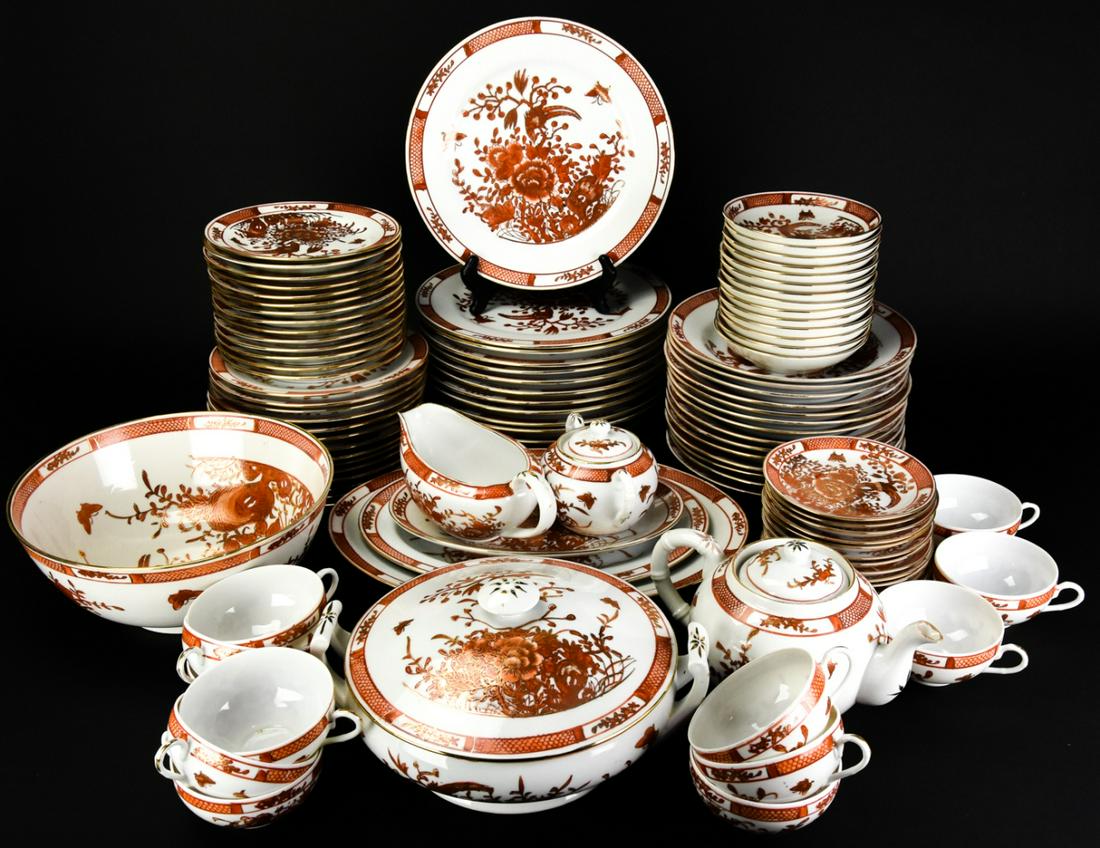 Chinoiserie China & Porcelain Dinnerware Service: Vintage ACF Chinoiserie Hand Painted Bone China & Porcelain Dinnerware Service for 14. Features orange koi fish design wit gilt accents. Includes 6 serving pieces and 14 dinner plates, lunch plates, s