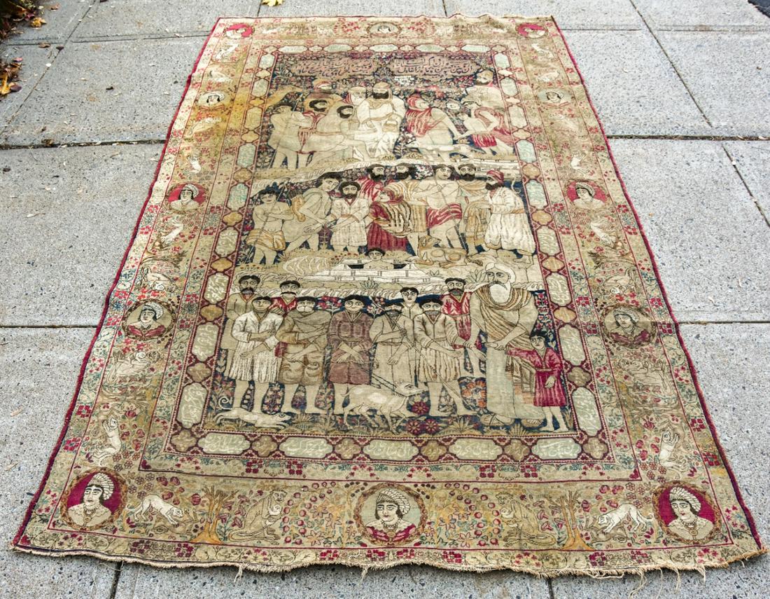 Antique Hand Woven Pictorial Persian Carpet: Antique Hand Woven Pictorial Persian Carpet. Features elaborate center court scene with menagerie and medallion border. Measures 105 inches long x 66 inches wide.