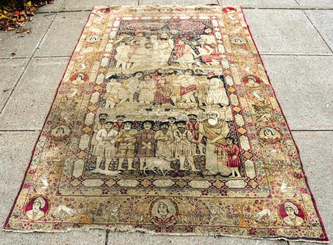 Antique Hand Woven Pictorial Persian Carpet: Antique Hand Woven Pictorial Persian Carpet. Features elaborate center court scene with menagerie and medallion border. Measures 105 inches long x 66 inches wide.