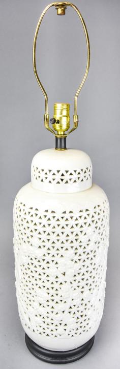 Asian Blanc De Chine Pierced Ginger Jar Form Lamp: Asian Blanc De Chine Pierced Ginger Jar Form Lamp. 31 inches x 10 inches in diameter.
