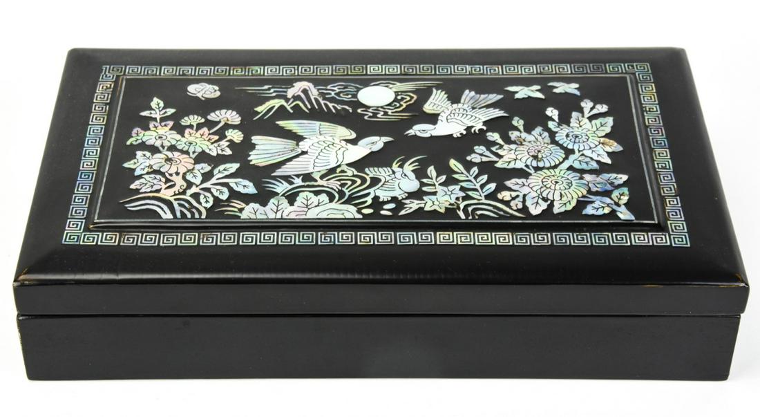Asian Mother of Pearl Inlaid Lacquer Cigarette Box: Asian Mother of Pearl Inlaid Black Lacquer Cigarette Box. Carved box with bird motif of inlaid mother of pearl. Opened box contains lacquered wood containers and brass zodiac ashtray . Box is 2.5 inch