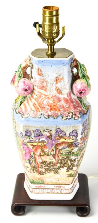 Chinoisserie Hand Painted Porcelain Table Lamp: Chinoisserie Hand Painted Porcelain Table Lamp w British Hunt Scene and Pomegranate Form Handles on Carved Scrolled Rose Wood Base. 18 inches x 7 inches x 5 inches