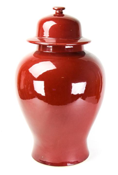 Large Chinese Porcelain Oxblood Ginger Lidded Jar: Large Chinese Porcelain Oxblood Ginger Lidded Jar. Measures 26 inches in height by 14 inches in diameter.