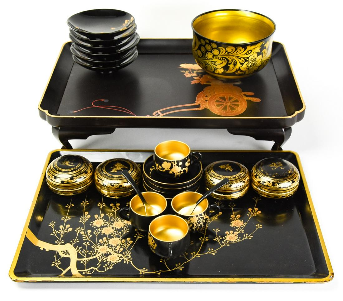 Vintage Collection Japanese Black Lacquer & Gold: Vintage Collection Japanese Black Lacquer & Gold Gilded Floral. Includes 4 tea cups, 4 saucers, 6 larger saucers, 1 bowl, and 2 trays.