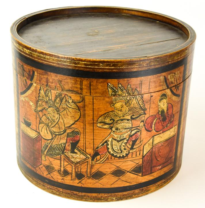 Asian Hand Painted Wood Hat Box: Asian Hand Painted Wood Hat Box. Samurai Warrior motif. Measures 10.5 inches in height by 13.5 inches in diameter.