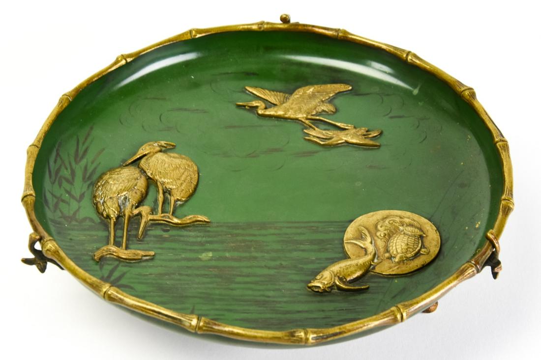 Vintage Japanese Center Piece Enamel On Brass: Vintage Japanese Center Piece Enamel On Brass. Scene of cranes, Koi fish and turtles in pond. Measures 2.75 inches in height by 10.5 inches in diameter.
