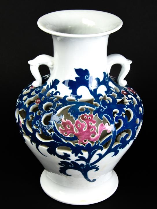 Contemporary Asian Hand Painted Ceramic Vase: Contemporary Asian Hand Painted Ceramic Vase. Signed. Amphora vase. Measures 12 inches in height by 8.5 inches in diameter.