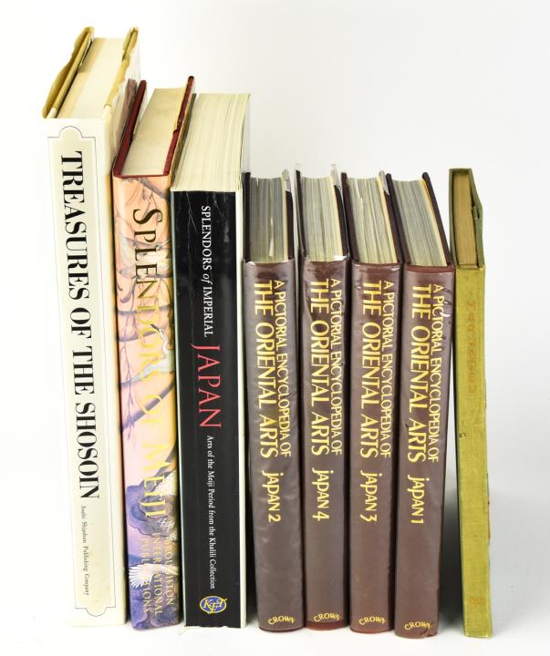 Collection Japanese Coffee Table Art Books: Collection Japanese Coffee Table Art Books. Includes 7 books on various topics. Titles include "Splendors of Meiji", "A Pictorial Encyclopedia of The Oriental Arts: Japan", and more. Largest book meas
