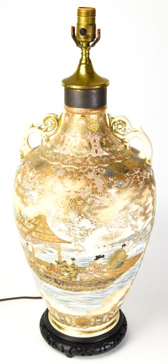 Vintage Satsuma Porcelain Amphora Urn Form Lamp: Vintage Satsuma Porcelain Amphora Hand Painted Urn Form Converted Table Lamp. 27 inches x 11 inches in diameter.