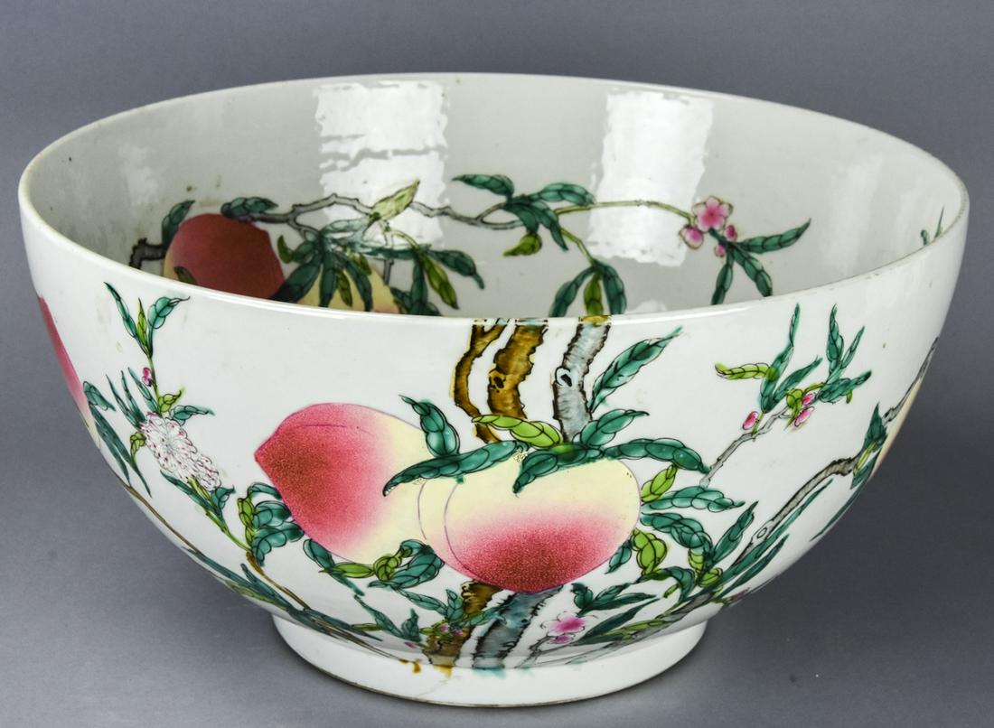 Large Chinese 9 Peach & Bat Motif Bowl Signed: Large Chinese 9 Peach & Bat Motif Bowl Signed. Large Chinese porcelain bowl with hand painted peach and bat motif. With character mark on bottom. 8 inches x 15.75 inches.