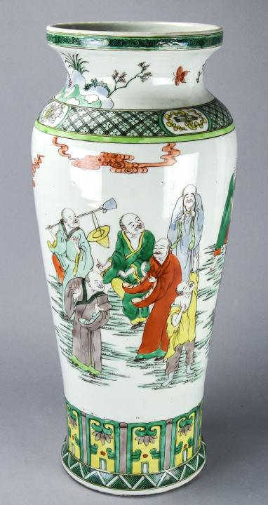Large Chinese Porcelain Vase W 6 Character Mark: Large Chinese Porcelain Vase W 6 Character Mark. Chinese porcelain vase with hand painted motifs of sages and dragon on clouds, with six character mark on bottom. Measures approximately 21.5 inches x 