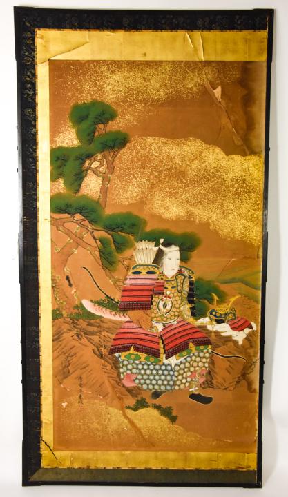 Antique Chinese Screen Panel w Imperial Warrior: Antique Chinese Hand Painted Screen Panel With Imperial Warrior Figure. Ink and watercolor on gold leaf paper. Silk matted. With signature and red stamp. Measures 69.5 inches high x 35.5 inches wide.