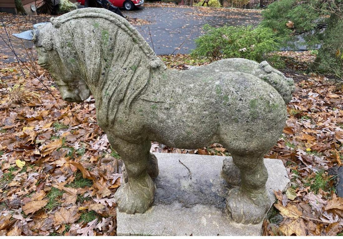 Majestic Cast Stone Trojan Horse Garden Sculpture: Majestic 39 Inch Cast Stone Trojan Horse or Peking Horse Garden Sculpture. Cast stone and cement standing horse and pedestal together measure an impressive 39 inches x 44 inches x 23 inches. The sculp