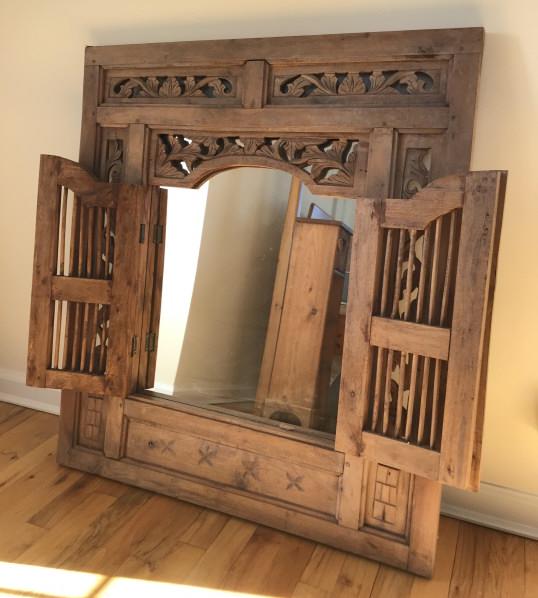 Carved Pine Wood Wall Mirror w Shutter Design (1 of 3)