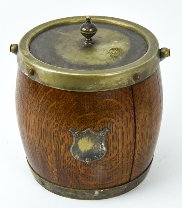 Antique C 1900 English Oak Biscuit Barrel w Handle (1 of 7)