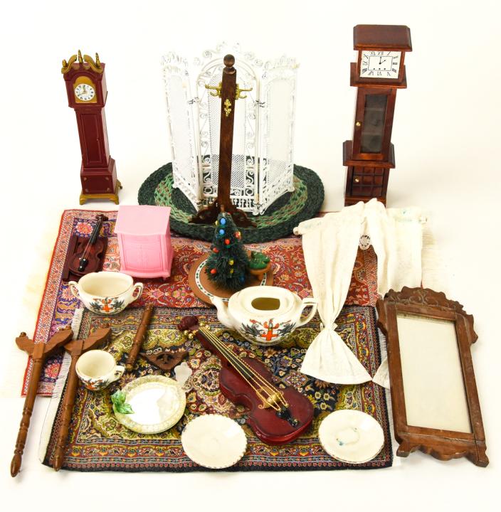 Collection Assorted Vintage Doll Accessories: Collection Assorted Vintage Doll Accessories. Includes wood and ceramic pieces. Features wooden instruments, grandfather clocks, rugs, and more.