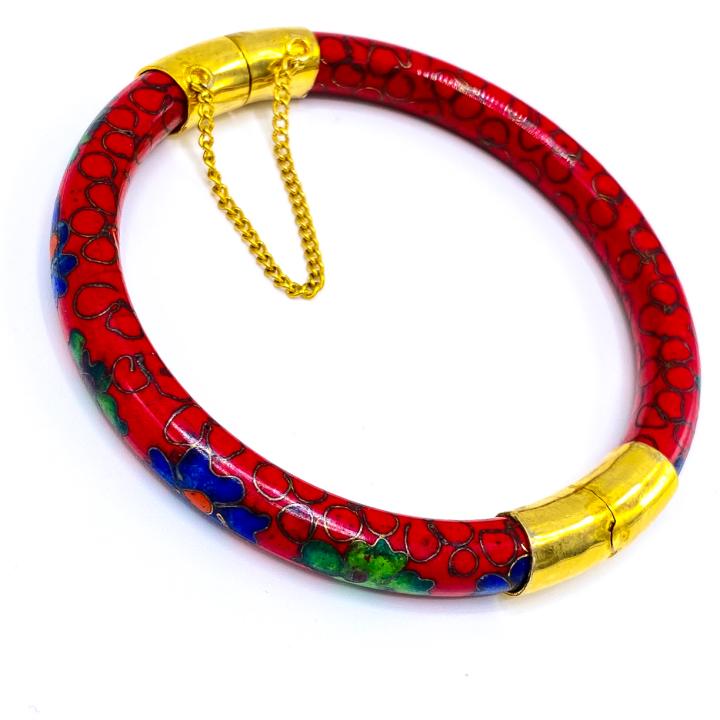 Vintage Red and Gold Filled Cloisonne Bracelet: Vintage Red and Gold Filled Cloisonné Bracelet – A hinged Chinese cloisonné bracelet with gold-filed fittings and a secure claps with safety chain. Approximately .325 inch in diameter.