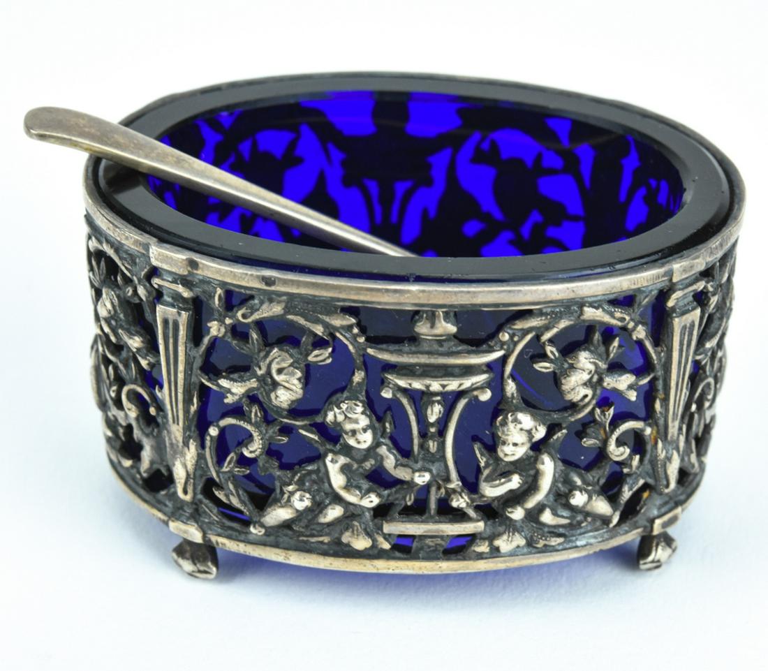 Antique Sterling Cobalt Glass Salt Cellar w Spoon (1 of 8)