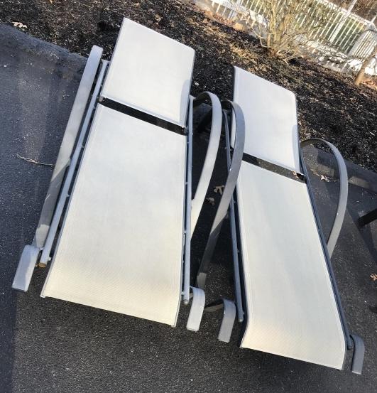 Pair Poolside Outdoor Reclining Back Lounge Chairs: Pair Poolside Outdoor Reclining Back Lounge Chairs. Each measures 77 inches in length