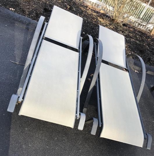 Pair Poolside Outdoor Reclining Back Lounge Chairs: Pair Poolside Outdoor Reclining Back Lounge Chairs. Each measures 77 inches in length