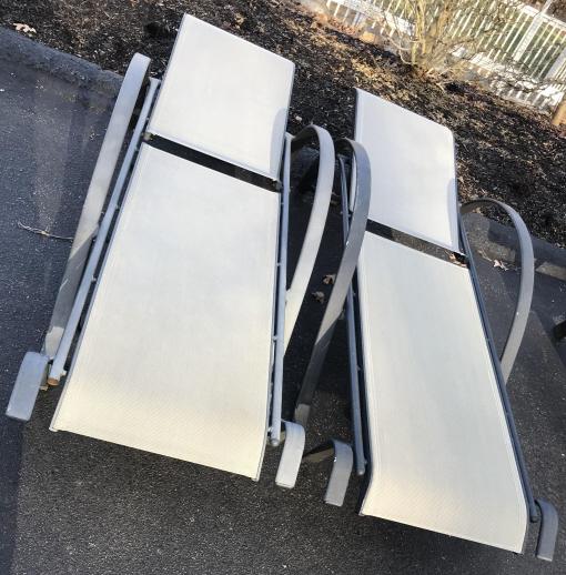 Pair Poolside Outdoor Reclining Back Lounge Chairs: Pair Poolside Outdoor Reclining Back Lounge Chairs. Each measures 77 inches in length
