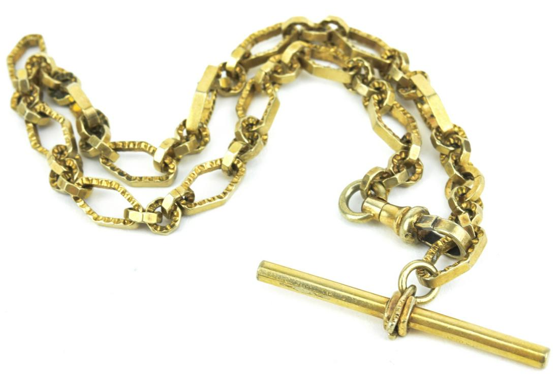 Antique 19th C Gold Filled Watch Chain: Antique 19th C Gold Filled Watch Chain. Fancy textured link design with dog clip and bar. Measures 12.25 inches in length.