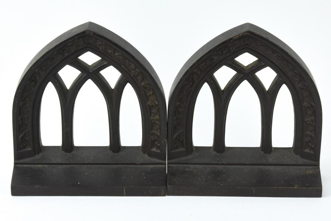 Antique Bradley & Hubbard Gothic Revival Bookends: Antique Bradley & Hubbard Gothic Revival Bookends. Each measures 6 x 6 x 2 inches.