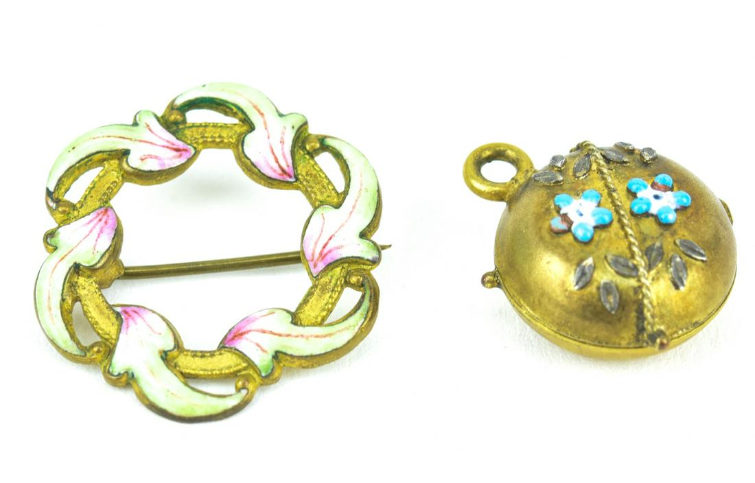 Antique 19th C Gold & Enamel Locket & Brooch: Antique 19th C Gold & Enamel Locket & Brooch. Floral enamel decorated locket and enamel decorated wreath brooch. Gold filled. Brooch measures 1 inch in diameter.
