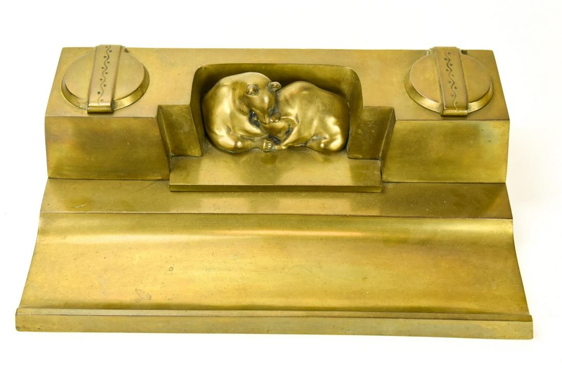 Art Deco Gilt Brass Double Inkwell w Bear Statue (1 of 8)