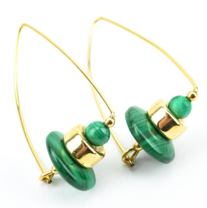 Vintage Modernist Gold Filled & Malachite Earrings: Vintage Modernist Gold Filled & Malachite Earrings. Each measures 1.7 inches in length.