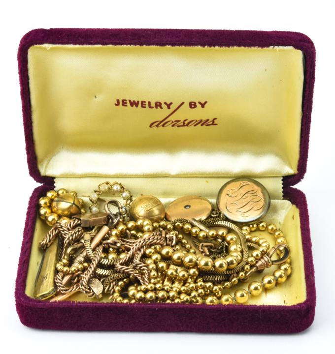Velvet Jewelry Box W Gold Filled Collection: Velvet Jewelry Box W Gold Filled Collection. Includes watch chains, necklaces, lockets, and charms. Box measures 5 by 3.5 inches.