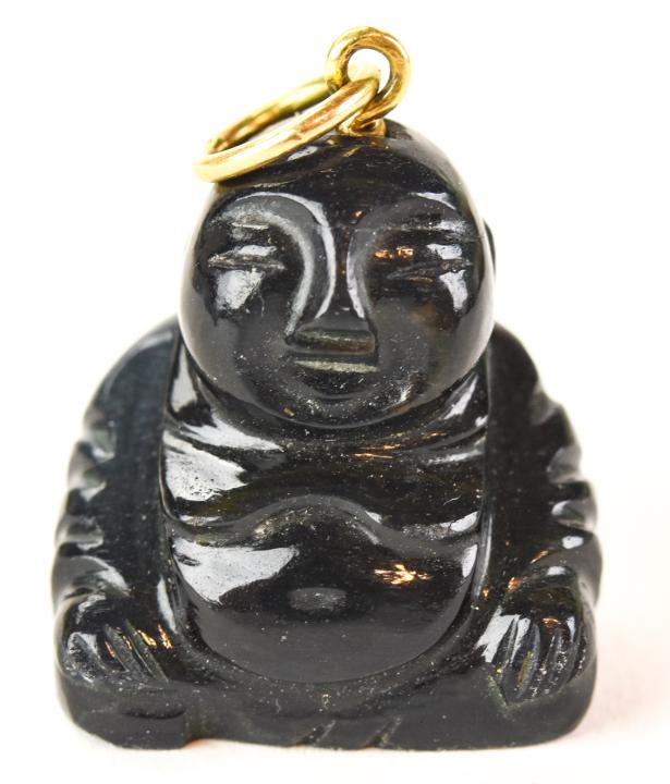 Estate Chinese 14kt Gold Carved Buddha Pendant: Estate Chinese 14kt Yellow Gold Carved Buddha Necklace Pendant. Hallmarked 585 14kt. Stone appears to be hand carved labradorite. Measures 1 inch in length.