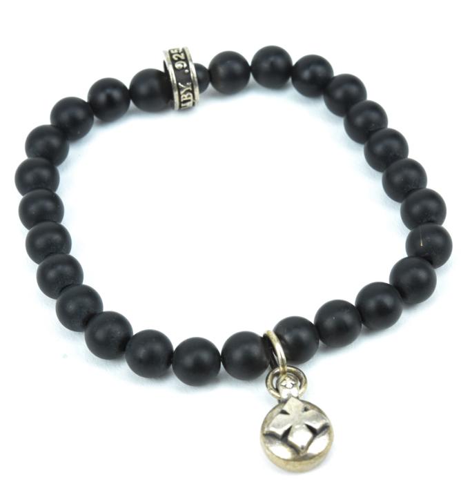 Contemporary Designer KING BABY Bracelet w Charm: Contemporary Designer KING BABY Bracelet w Charm. Approximately 8 inches. Matte black onyx beads
