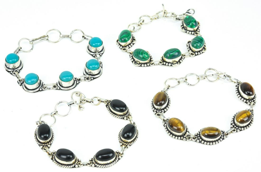 Four Silver Tone Bracelets Set w Onyx Tiger Eye: Four Silver Tone Bracelets Set w Onyx Tiger Eye Etc