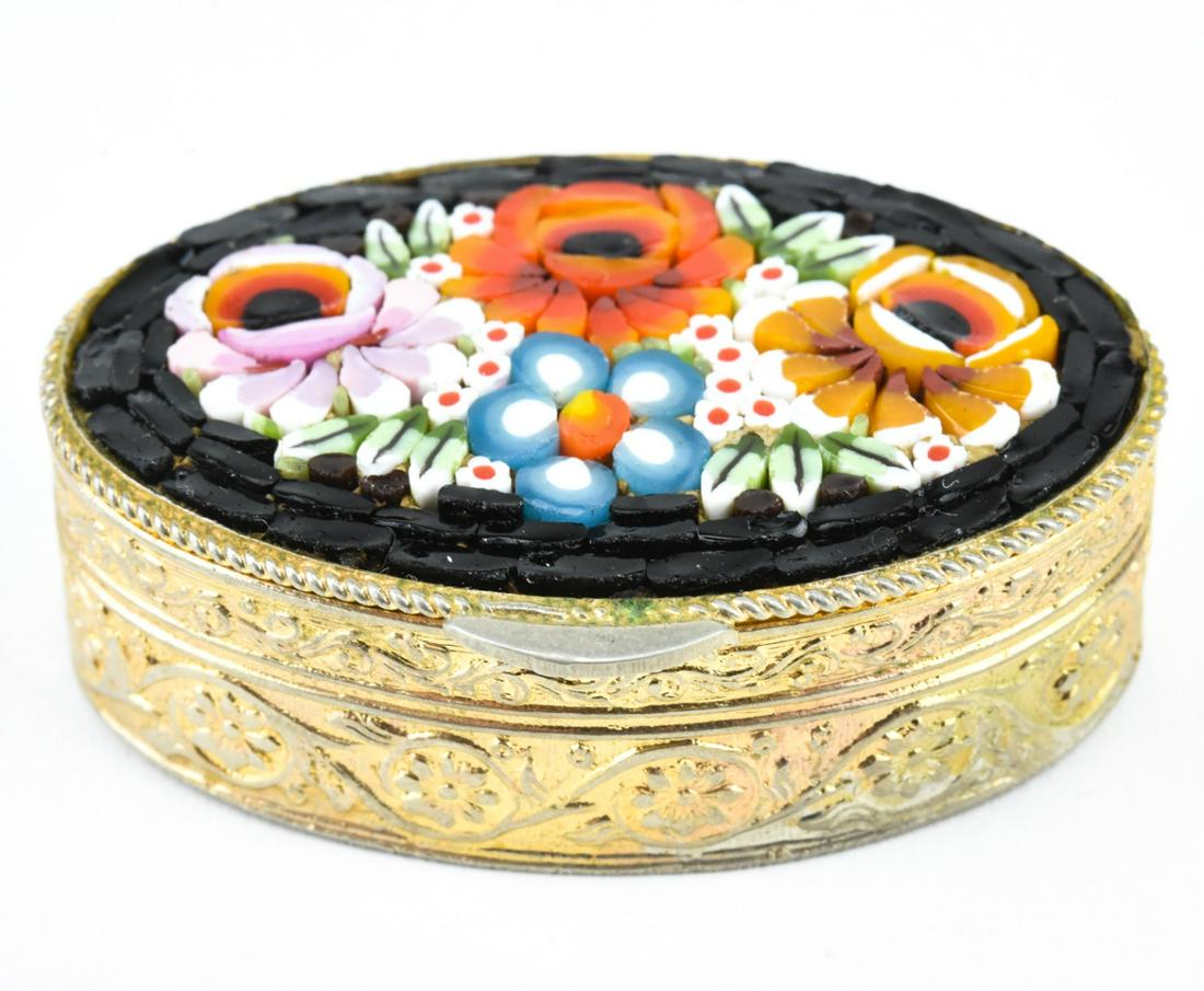 Vintage Italian Floral Motif Micro Mosaic Pill Box: Vintage Italian Floral Motif Micro Mosaic Pill Box. Measures 2 inches in length.