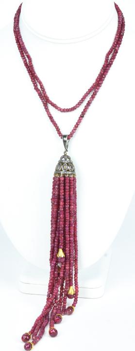 Ruby & Rose Cut Diamond Handmade Necklace: Ruby & Rose Cut Diamond Handmade Necklace. The tassel features sixteen rows of ruby beads with the top being set in sterling silver and with rose cut diamonds. Beaded necklace measures 30 inches in le