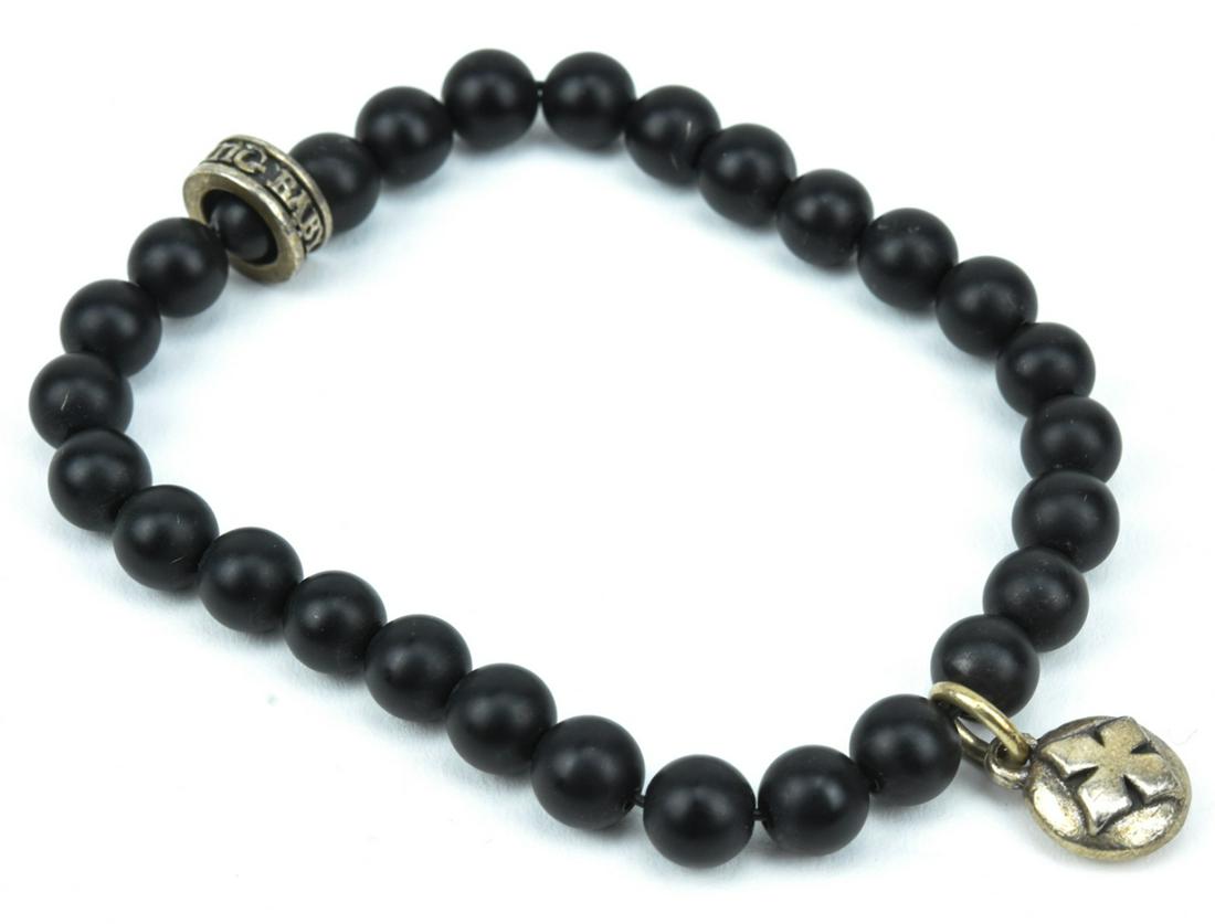 Contemporary Designer KING BABY Bracelet w Charm: Contemporary Designer KING BABY Bracelet w Charm. Approximately 8 inches. Matte black onyx beads