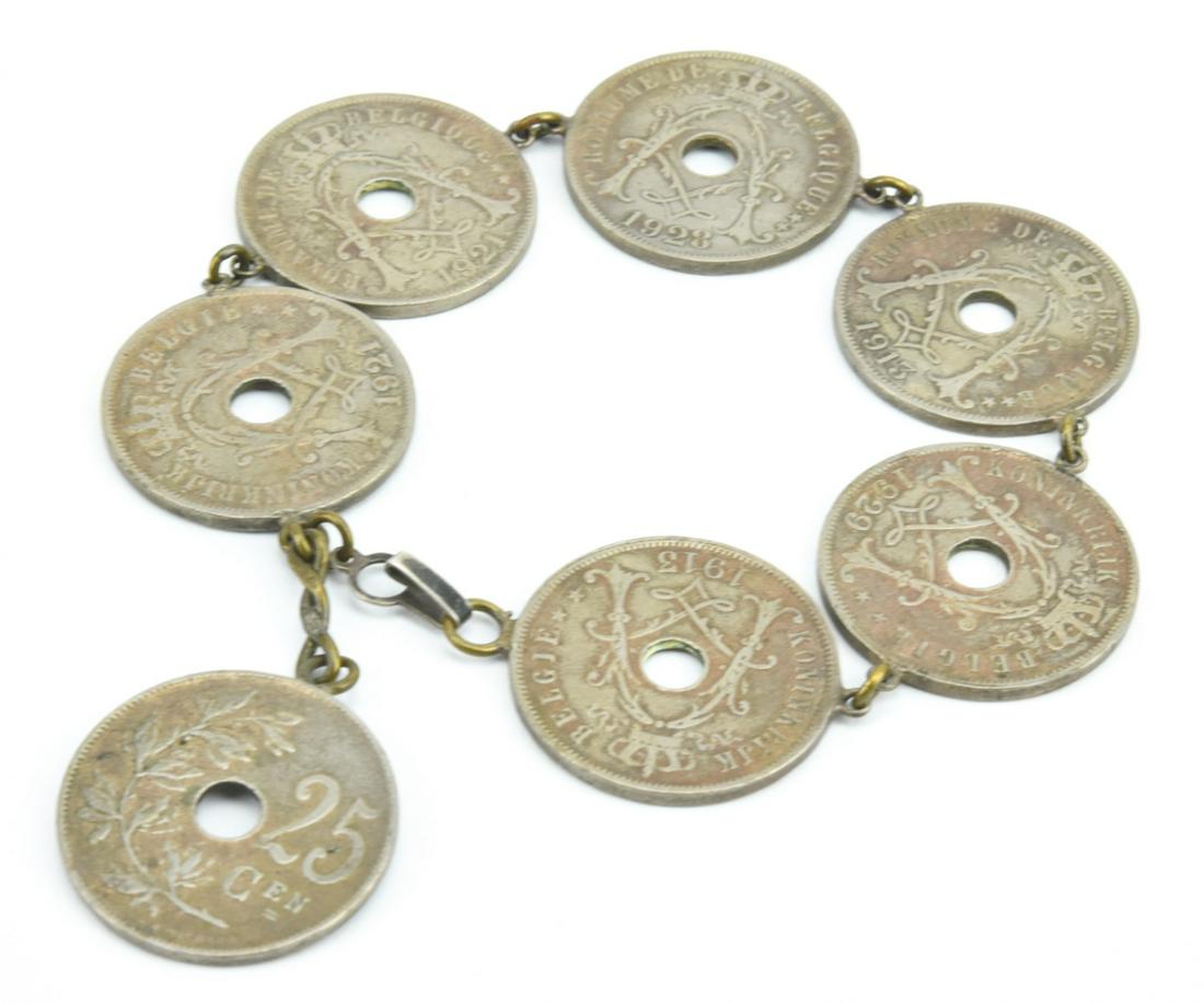 Antique Handmade Bracelet W Belgian Coins: Antique Handmade Bracelet W Belgian Coins. Coins are dated 1913, 1921, 1928 and 1929. Measures 8 inches in length plus additional coin pendant.