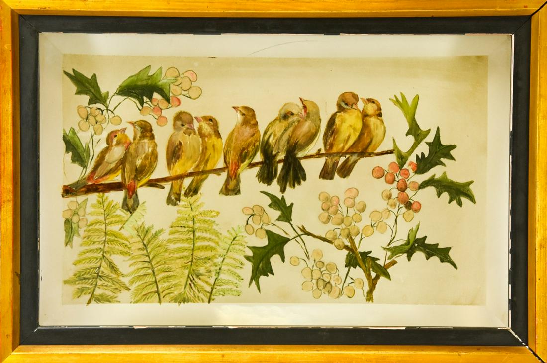 Antique Framed Etched Reverse Glass Bird Painting (1 of 9)