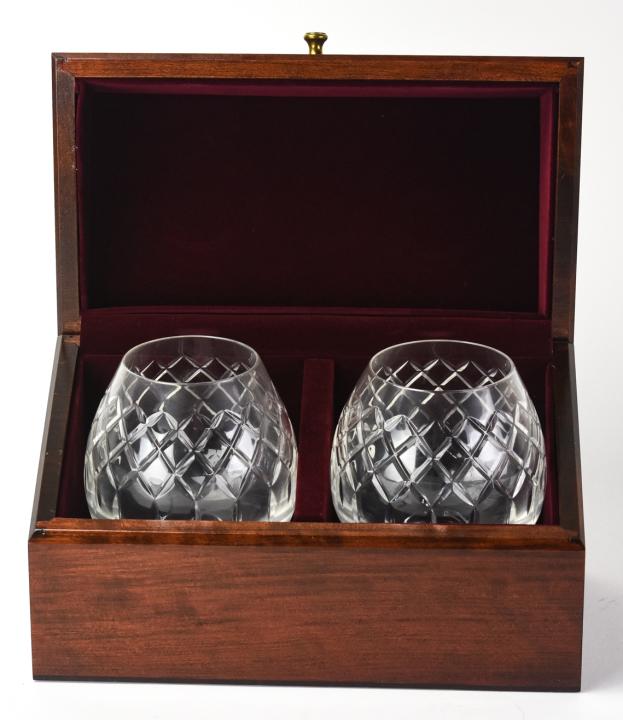 Pair Cartier English Crystal Decanters in Wood Box: Pair Cartier English Crystal Decanters in Velvet Lined Wood Box. Decanters measure 6 inches x 4.5 inches