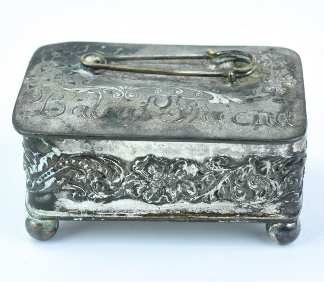 Antique 19th C Baby's Diaper Pin Box: Antique 19th C Baby's Diaper Pin Box. Top is inscribed "Baby's Friend." Made by the Pairpoint Company from Bedford Massachusetts in quadruple silver plate. Measures 2.25 inches in length.