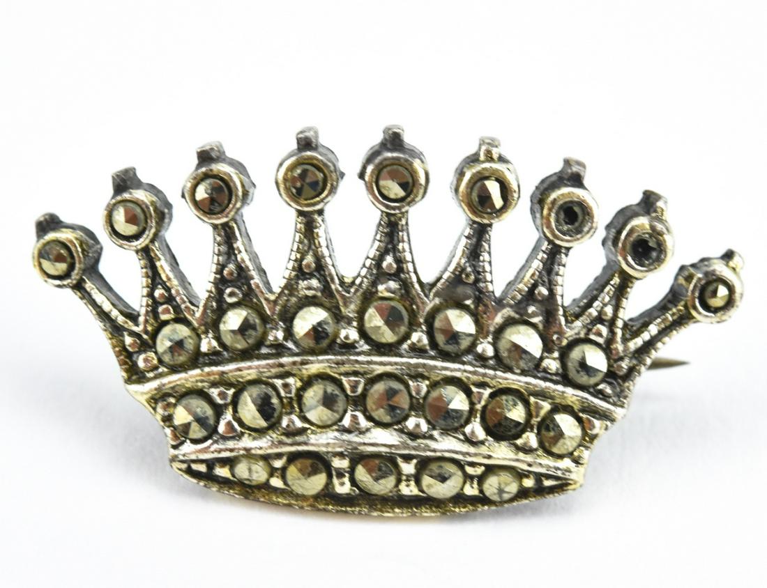 Vintage Sterling Silver & Marcasite Crown Brooch: Vintage Sterling Silver & Marcasite Crown Brooch. Set with rose-cut marcasites. Measures 1.25 inches in width.